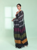 Black Cotton Saree With Stripes Design-MA59CT06530004