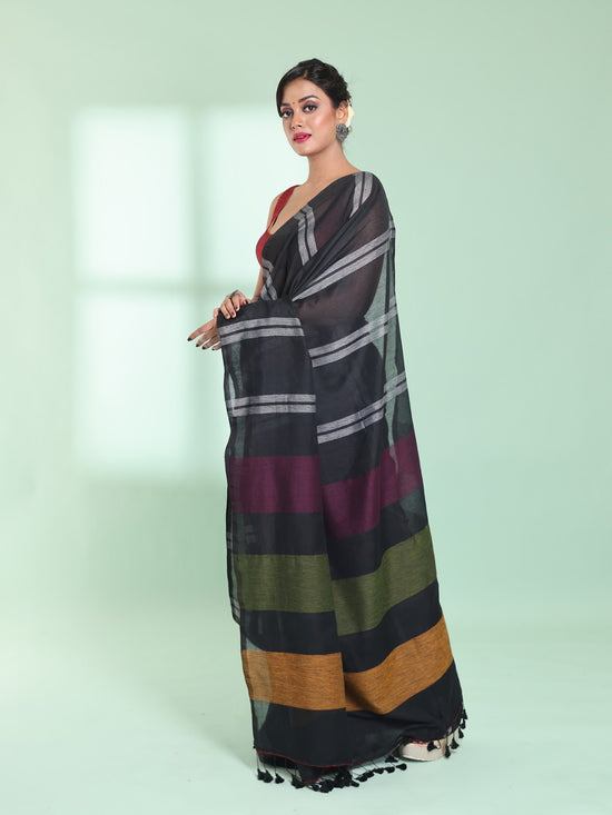 Black Cotton Saree With Stripes Design-MA59CT06530004