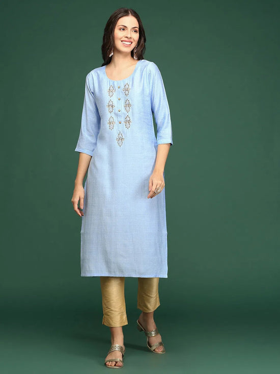 Women's Blue Embellished Straight Kurta-SKC-3217-Blue