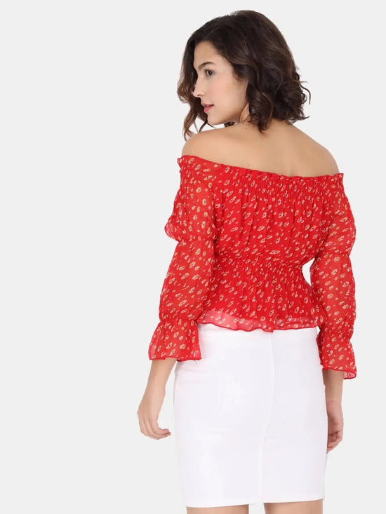 Red Off Shoulder Floral Smocking Top