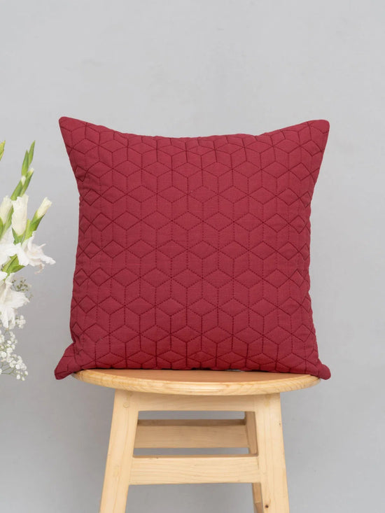 Quilted solid 100% cotton plain cushion cover for sofa - Wine Red-230454073