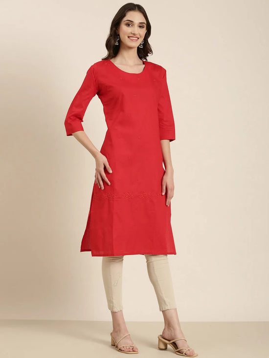 Women Red Solid Straight Kurta-DF-1567-Red