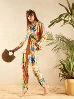 Women Yellow Multi Satin Shirt With Darted Pants