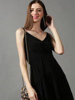 Women's Black Solid Fit and Flare Dress-AE-15666-Black