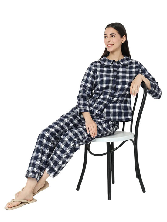 Smarty Pants Women's Brush Cotton White & Blue Color Checks Night Suit