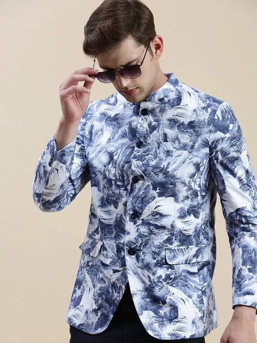 Men Blue Printed Casual Blazer-SOBLZ-029-5-Blue