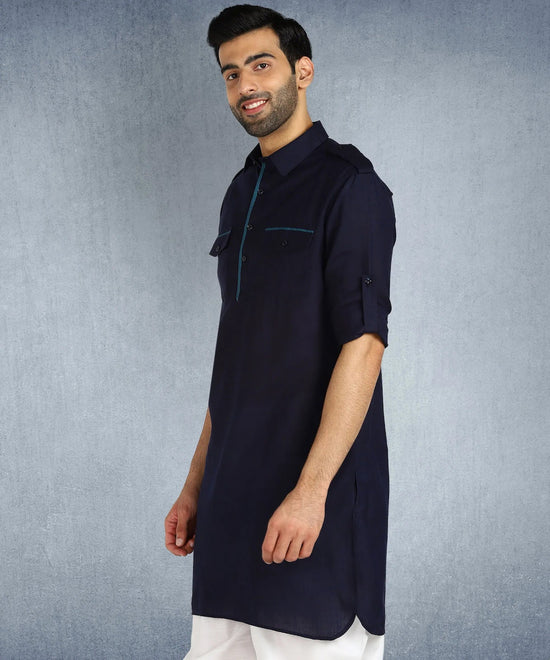 Hangup Men Standard Solid Men's Indian Wear-ST09914_Nvy_PathaniKurta