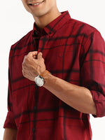 Men Maroon Spread Collar Windowpane Checks Shirt-HEPTAGON-2036-Maroon