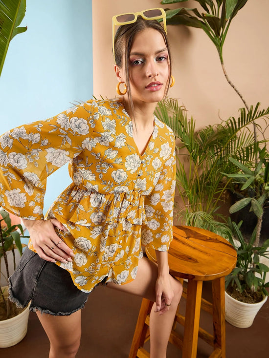 Women Yellow Floral Front Button Frill Peplum Top