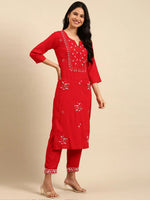 Women's Red Embroidered Kurta Set-FS-174-Red