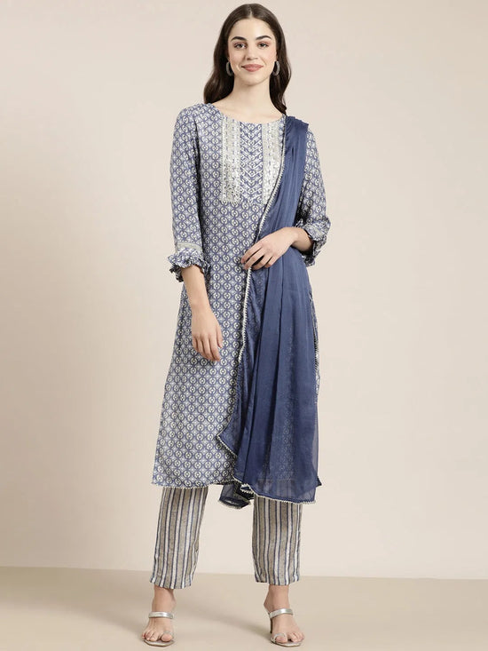 Women Blue Printed Kurta Set-BC-MD-100-Blue