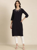 Women Navy Blue Solid Straight Kurta-DF-1562-Navyblue