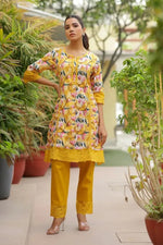 Vaasva Women Yellow Embroidered Printed  Kurta Set With Laced Solid Pants-138-Vaas-Yellow