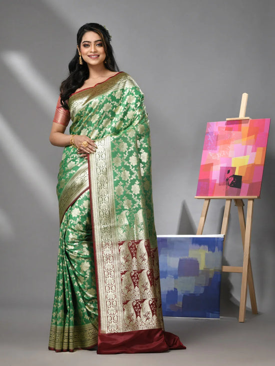 Green Silk Banarasi Saree With Zari Woven Designs-MA52BSL441050050