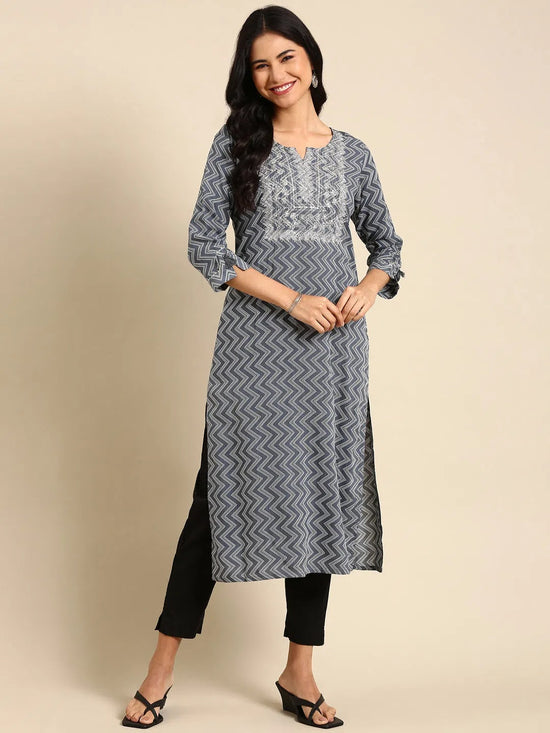 Women's Grey Printed Straight Kurta-AT-A-403-Grey