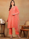 Ahika Women Coral Silk Blend Embroidered Straight Kurta Pant Set With Dupatta