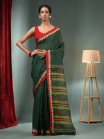 Forest Green Silk Linen Handwoven Saree With Temple Border-MA50SLN061100098