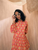 Women Orange Ikat Print Front Button Shirt Tiered Dress