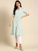 Women's Green Printed A-Line Kurta-DF-1457-Green