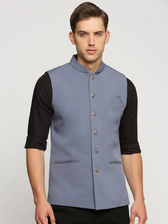 Men Grey Mandarin Collar Solid Nehru Jacket-AK-2250-1-Grey