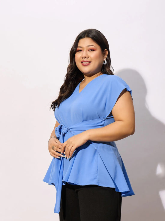 Women Blue Front Knot Peplum Top