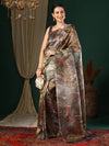 Saree Mall Women's Organza Brown Printed Designer Saree With Blouse Piece-TISU104