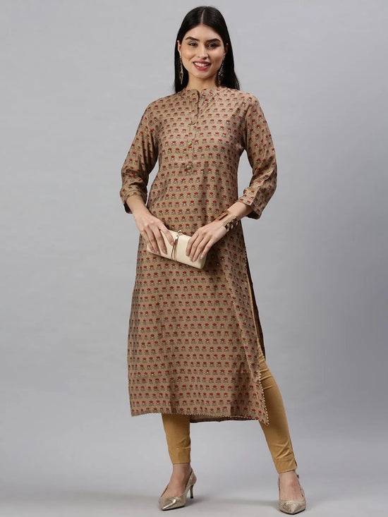 Women's Brown Floral Straight Kurta-BCCK826-Brown