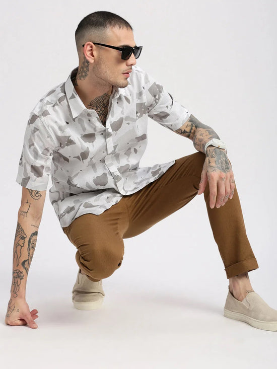 Men Spread Collar Abstract White Casual Shirt-NAHAR-2161-White