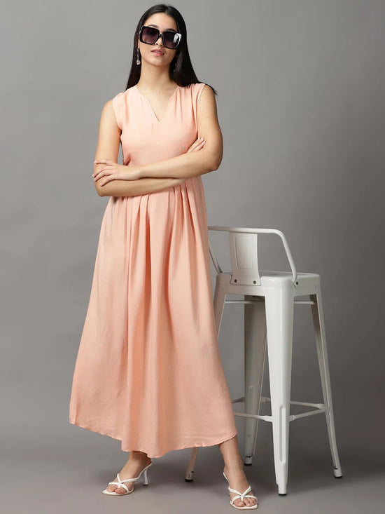 Women's Peach Solid Fit and Flare Dress-AE-15750-Peach