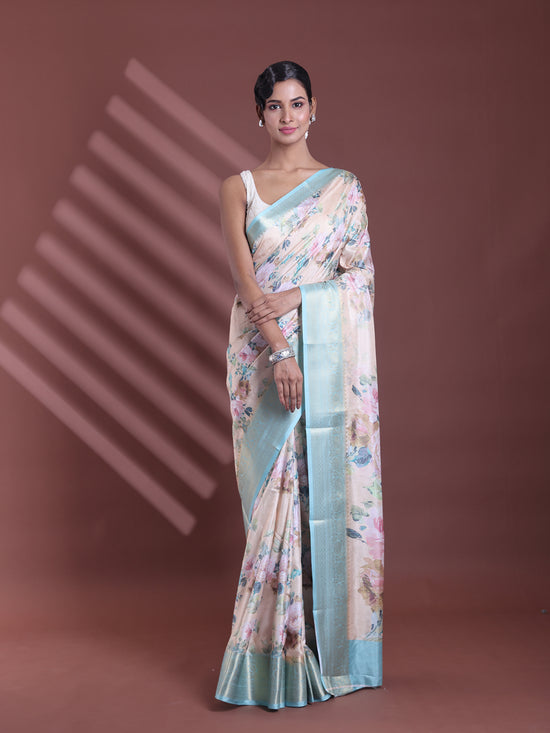 Cream Floral Print Silk Soft Saree With Zari Border-MA60BSL01770014