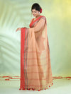 Beige Cotton Soft Saree With Contrasted Borders-MA62CT33720061