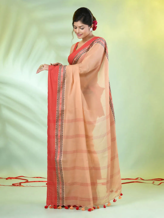 Beige Cotton Soft Saree With Contrasted Borders-MA62CT33720061