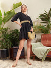 Women Black Poplin Puff Sleeves Gathered Dress