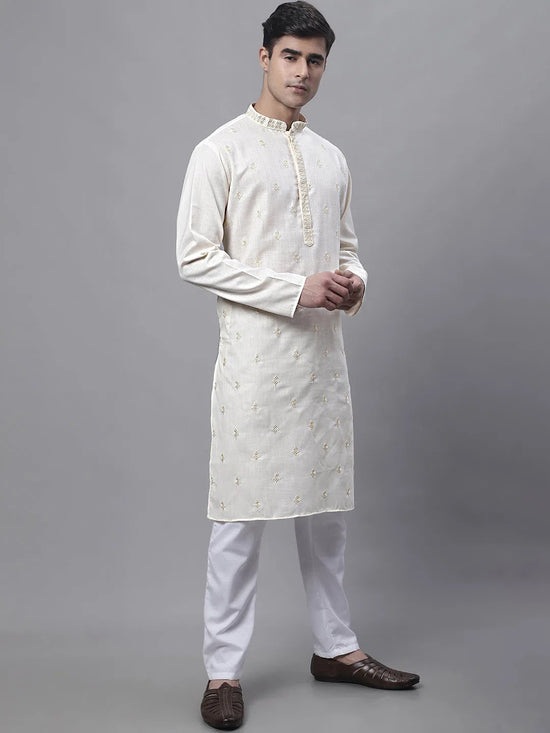 Men's White Embroidered Straight Kurta Pyjama Set-JOKP-P-690White