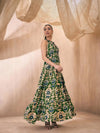 Women Green & Beige Ikat Print Dori Neck Tiered Maxi