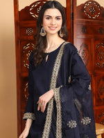 Ahika Women Navy Blue Silk Blend Solid Straight Kurta Palazzo Set With Dupatta