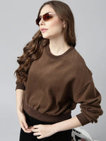 Women Brown Solid Pullover Sweatshirt-CHN-601-Brown