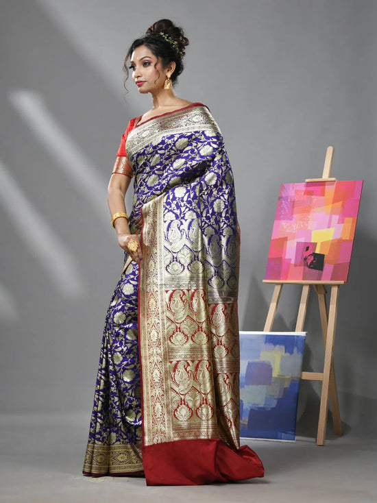 Ultra Violet Silk Banarasi Saree With Zari Woven Floral And Paisley Designs-MA52BSL441050035