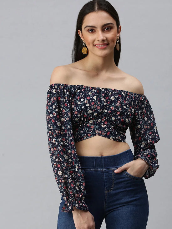 Women's Printed Navy Blue Top-AE-7008-Navybluemulti