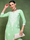 Ahika Women Green Viscose Rayon Solid Embroidered Straight Kurta