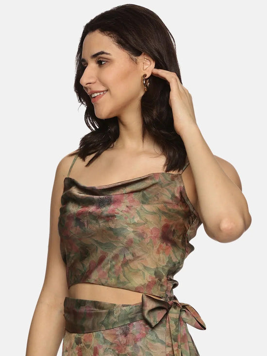 Floral Brown Cowl Neck Crop Top-17352