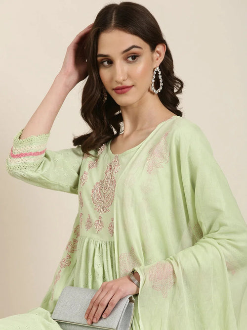 Women Green Floral Kurta Set-RF-002-Green