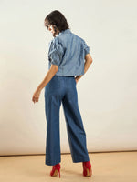 Women Blue Tencel ColorBlock Shirt With Straight Pants