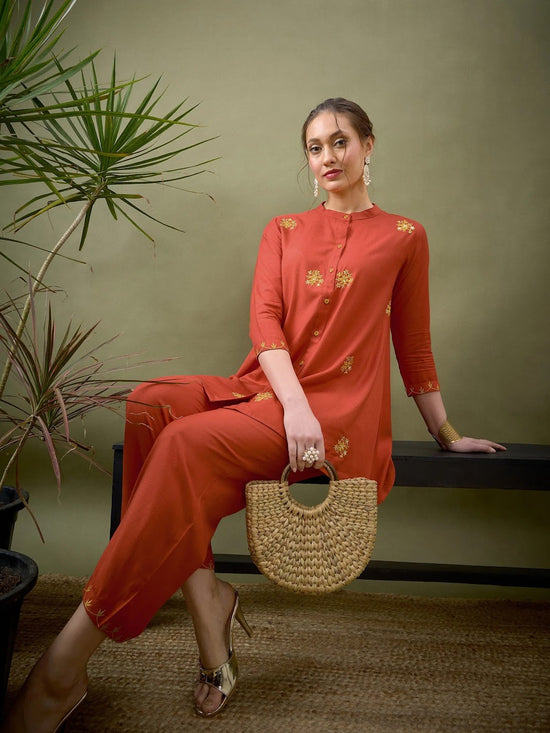 Women Rust All Over Embroidered Shirt With Palazzos