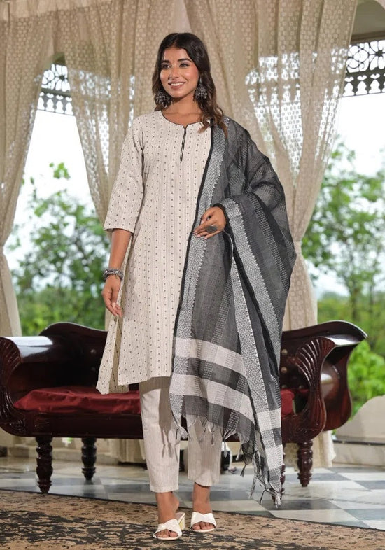 Off White Geometric Printed Cotton Kurta Pant Set With Tassels On Dupatta-J4754OFFWHITE