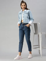 Women's Blue Solid Denim Jacket Jackets-AE-999154-Blue