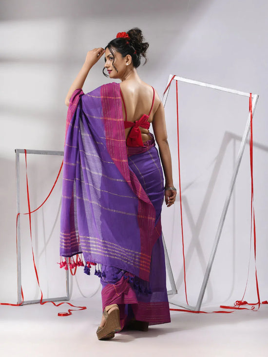 Purple Cotton Saree With Stripes Design-MA55CT06540087