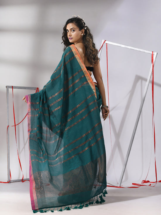 Teal Soft Cotton Saree With  Zari Stripe Designs-MA55CT06530047