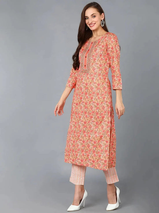 Ahika Women Peach Rayon Blend Printed Straight Kurta Pant Set-VKSKD1043A_XS