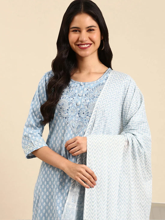 Women's Blue Printed Kurta Set-GW-458-Blue